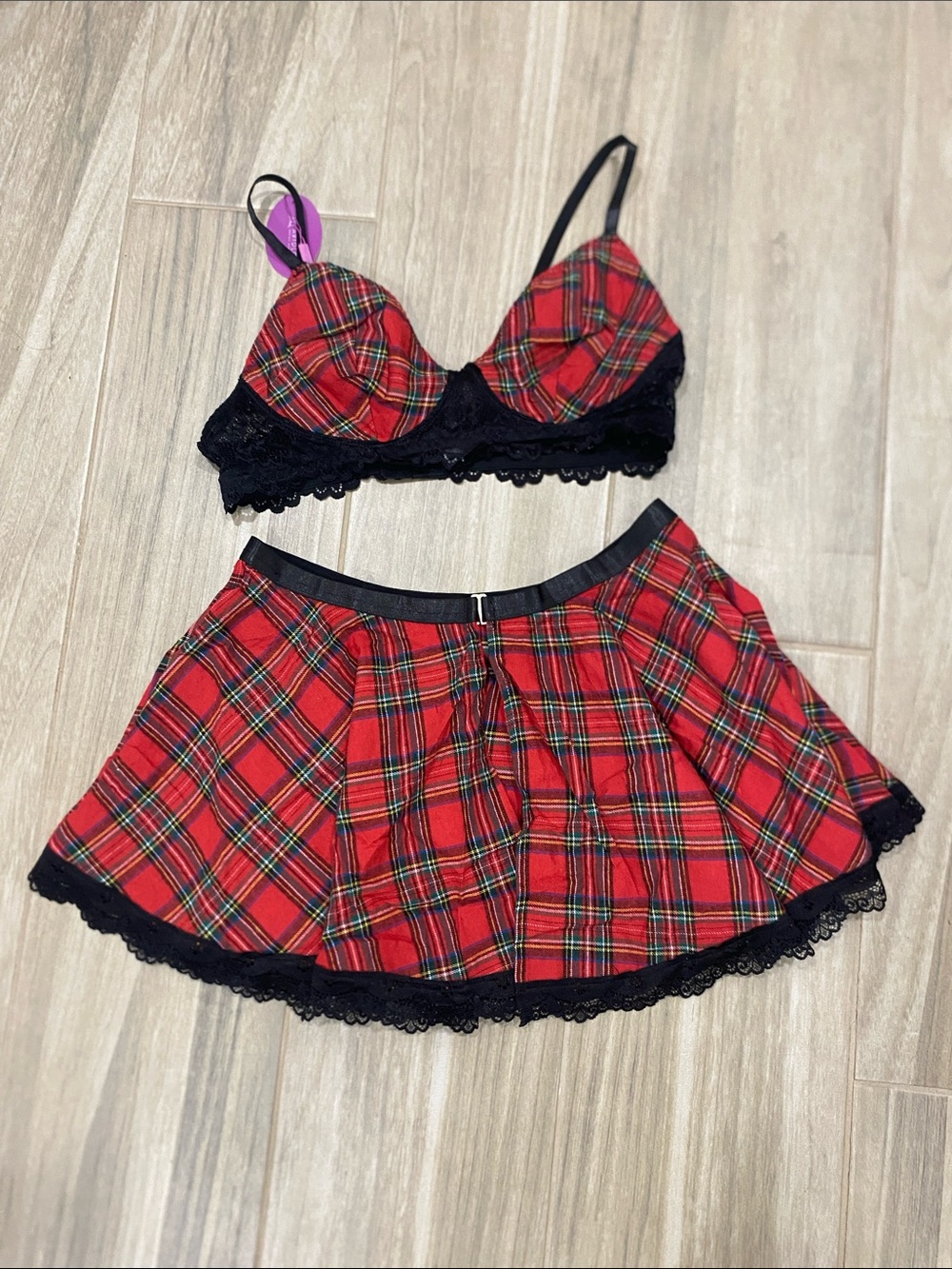Red Plaid Lace Trim Two-Piece Set